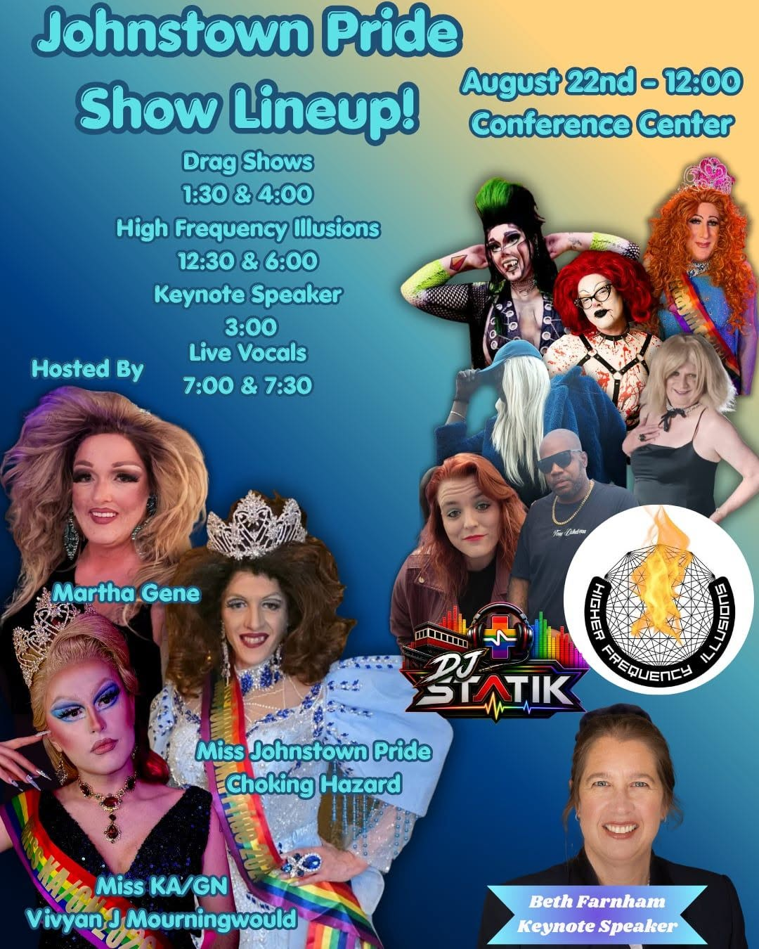 Johnstown Pride 2026 event flyer for Saturday, August 22 at the Frank J. Pasquerilla Conference Center.